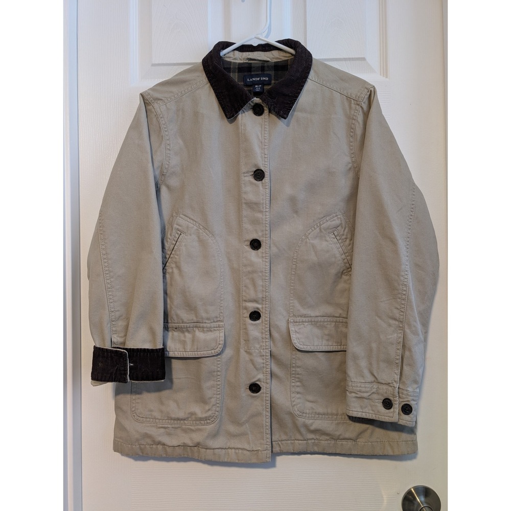 Lands End Womens Tan Canvas Field Coat Plaid Flannel Lined Corduroy Trim M 10-12